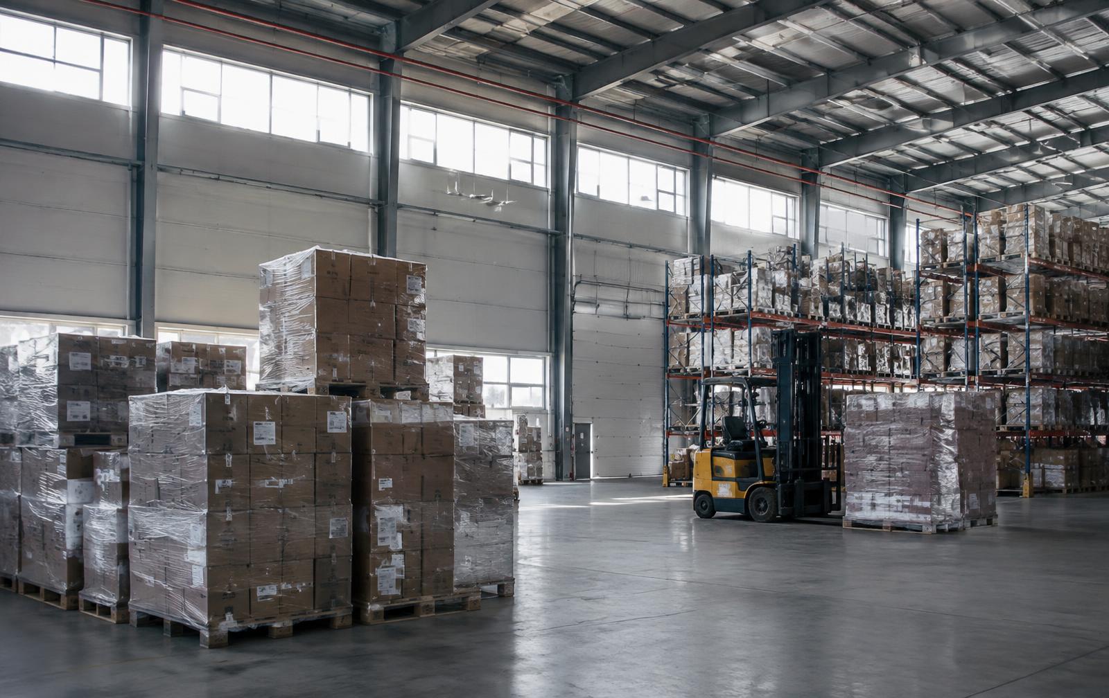 Magazijn met pallets overvoorraad